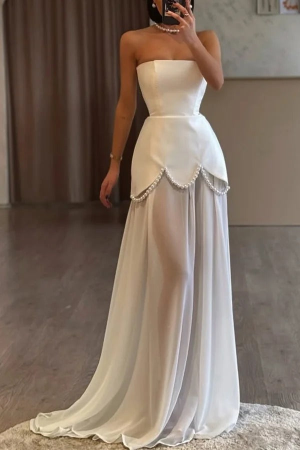 Jiya Satin Petal Hem Pearl Detail Chiffon Cape Strapless Maxi Dress