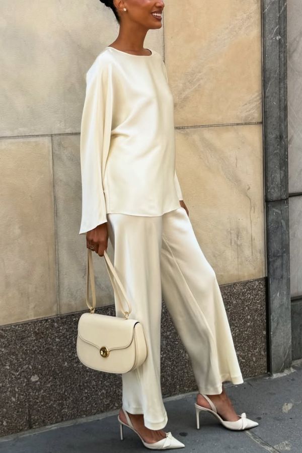 Silky and Elegant Satin Wide Neck Long Sleeve Loose Top and Elastic Waist Wide Leg Pants Set
