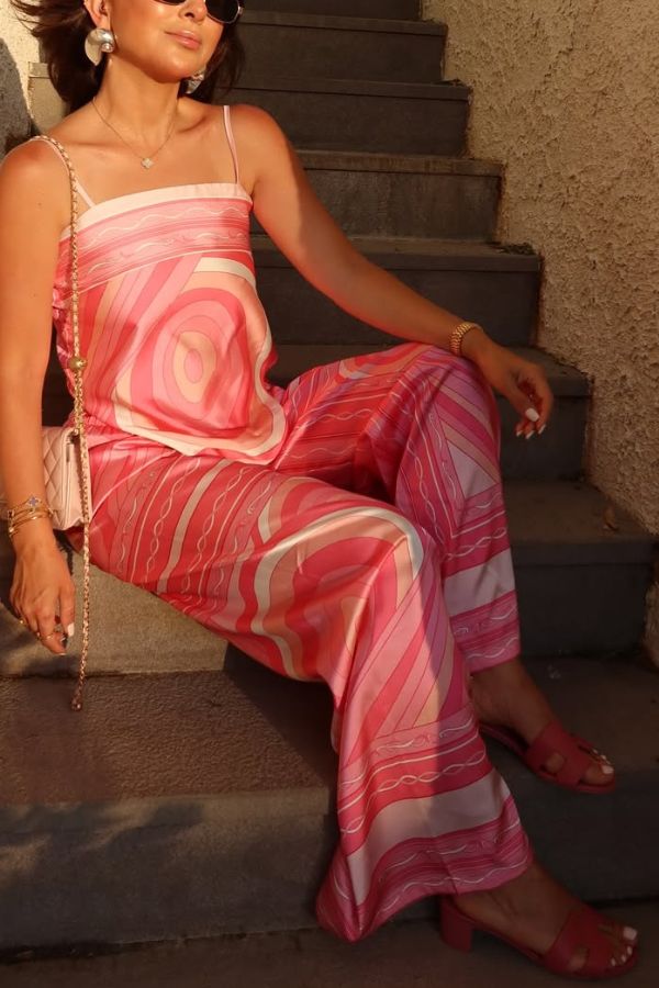 Caroline Satin Unique Print Scarf Tank and Elastic Waist Wide Leg Pants Set