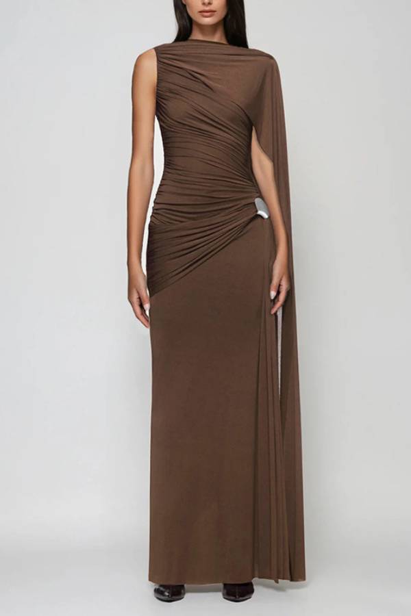 One Shoulder Cape Ruched Metal Buckle Maxi Dress