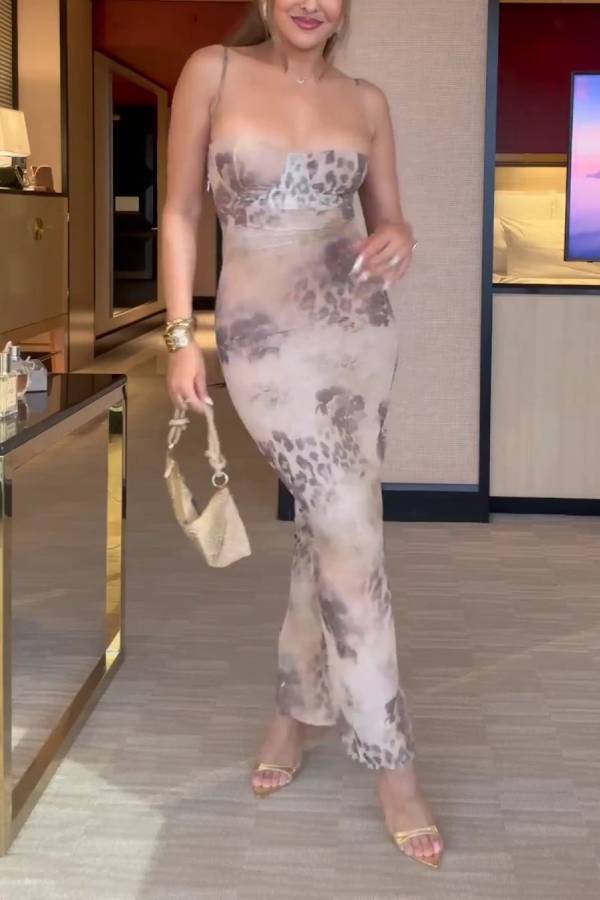 Cup Boning Mesh Print Bodycon Midi Dress