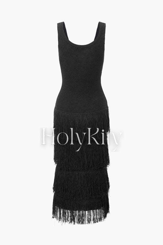 Maxikleid mit U-Ausschnitt und Fransensaum 