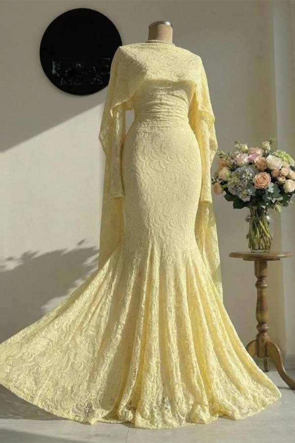 Cape Sleeve Lace Mermaid Evening Gown