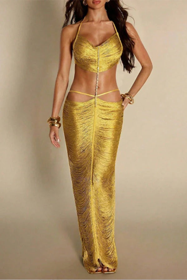Aurelia Metallic Fringe Maxi Dress