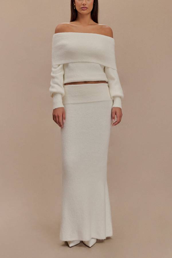 Charlotte Knit Ribbed Waist Fishtail Stretch Maxi Skirt