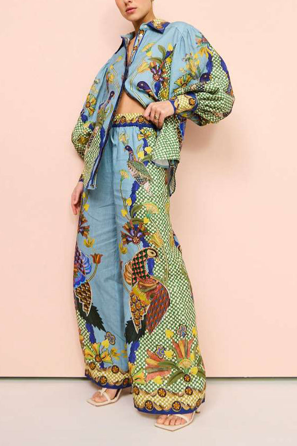 Smyrna Unique Heaven Bird Print Elastic Waist Pocketed Wide Leg Pants