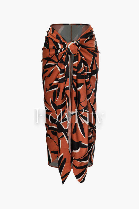 Leaves Print Knot Front Slit Midi Skirt