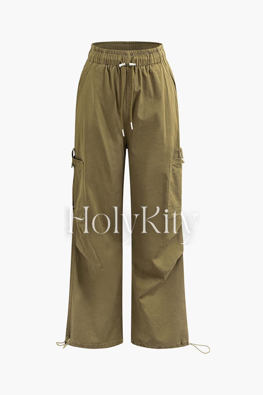 Pantalon droit taille haute à cordon de serrage et poches multiples 