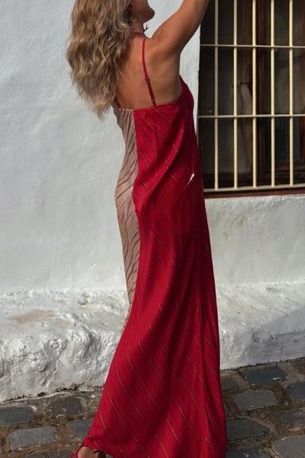 Fashionable Splicing V-neck Suspenders Loose Maxi Dress