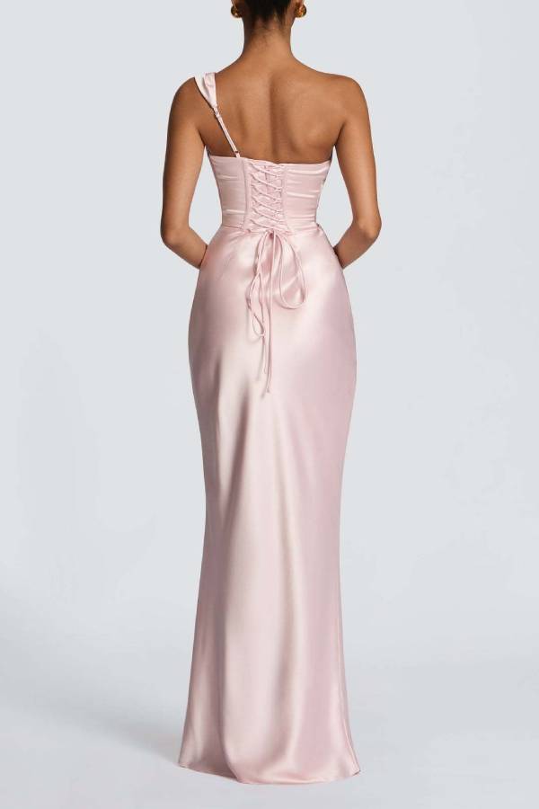 Multi-Color Satin Strapless/One-Shoulder Lace-Up Mermaid Maxi Formal Dress