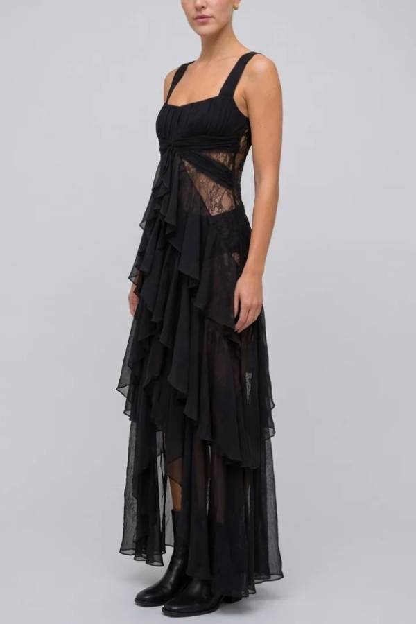 Vintage Brocade Cropped Jacket and Ruffle Maxi Dress Two Piece Set