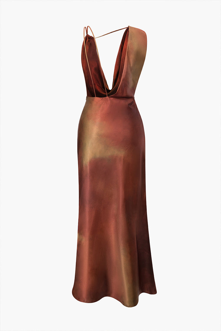 Asymmetrisches Maxikleid aus Satin mit Wasserfallausschnitt und Batikmuster 