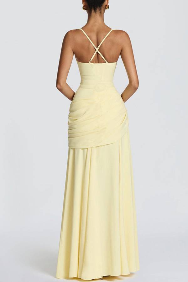 Square Neck Cross Ruched Waist Chiffon Evening Gown