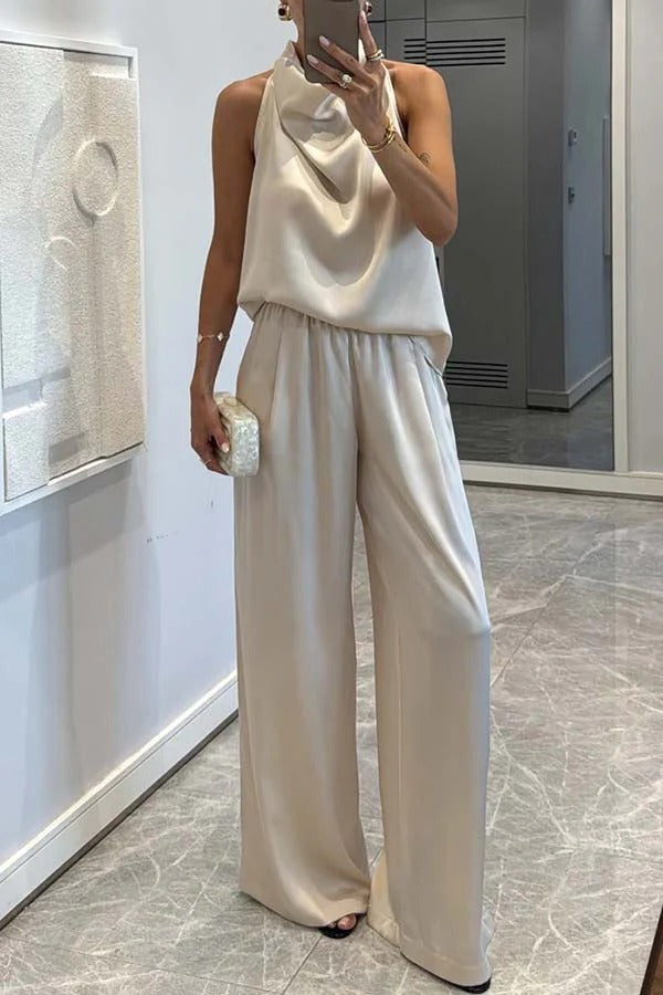 Classic on You Satin High Cowl Neck Top and Elastic Waist Pocket Loose Pants Set