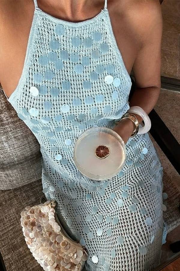 All Shimmer Knit Crochet Sequin Open Back Lace-up Vacation Maxi Dress
