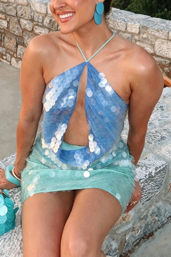Aegean Mermaid Gradient Sequins Cutout Cowl Neck Halter Backless Mini Dress