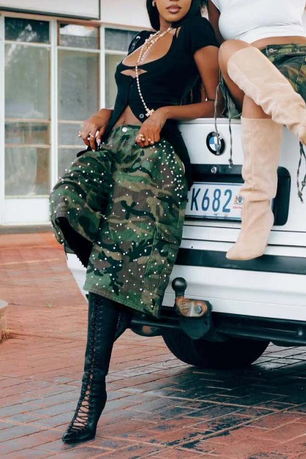 Pearl Embellished Camo Cargo Capri Wide Leg Shorts
