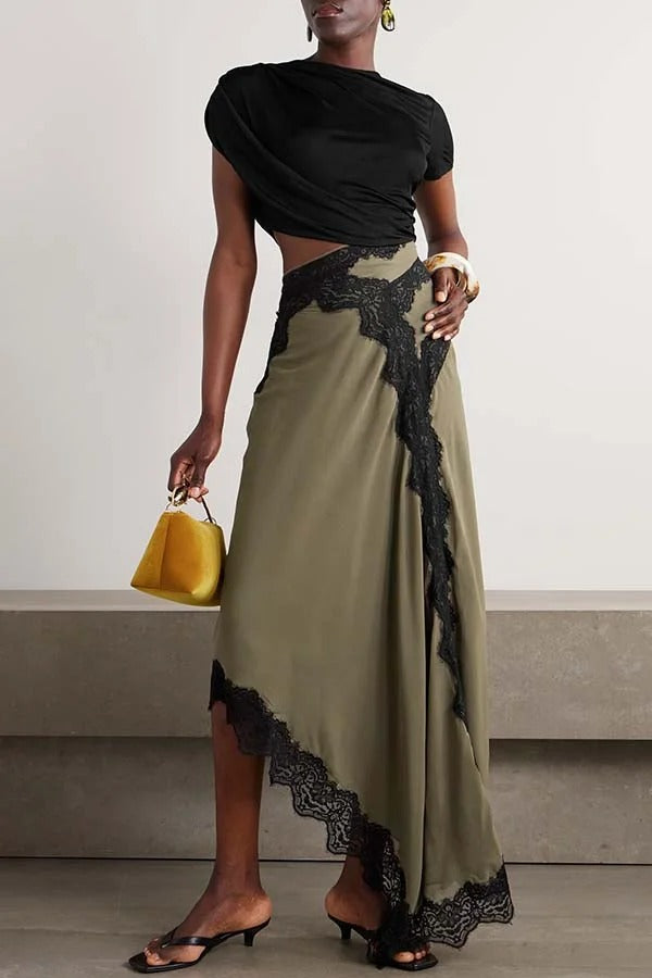 Verve Ribbed Jersey Cutout Waist Asymmetric Satin Lace Hem Maxi Dress