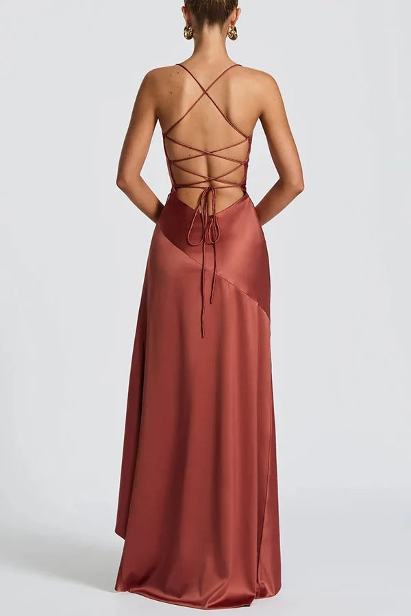 Solid Color Sexy Backless Lace-up Irregular Ruffled Maxi Dress