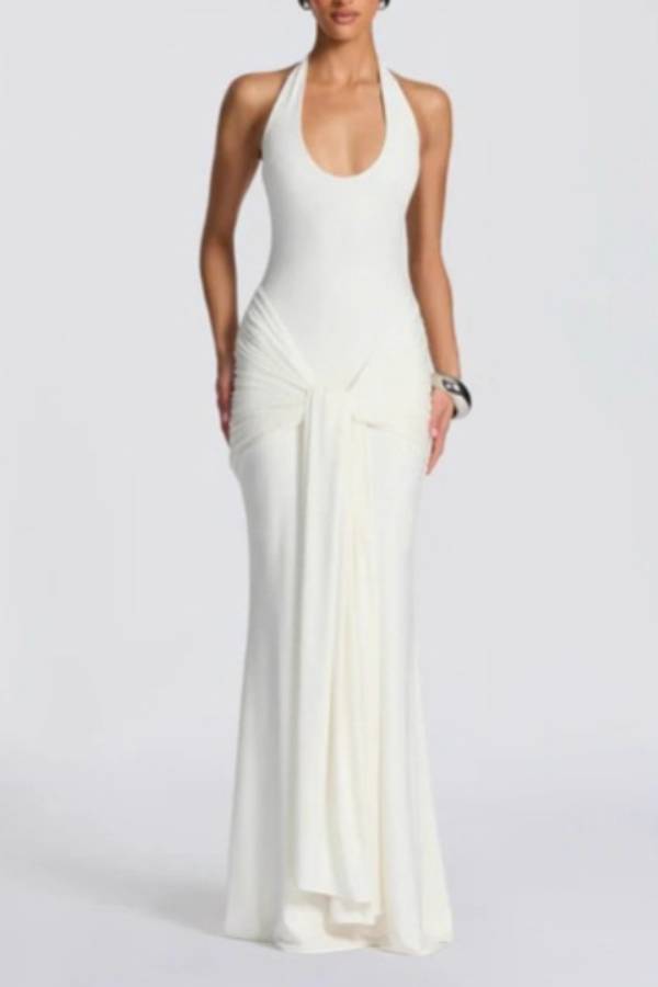Halter Neck Ruched Tie-Detail Bodycon Gown