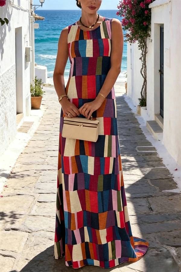 Retro Chic Linen Blend Colorful Color Block Plaid Round Neck Sleeveless Maxi Dress