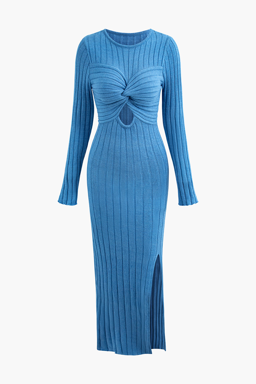 Robe longue fendue à manches longues et découpes torsadées sur le devant en tricot côtelé 