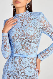 Feminine and Elegant Flower Lace Long Sleeve Bow Belted Flare Midi Dress