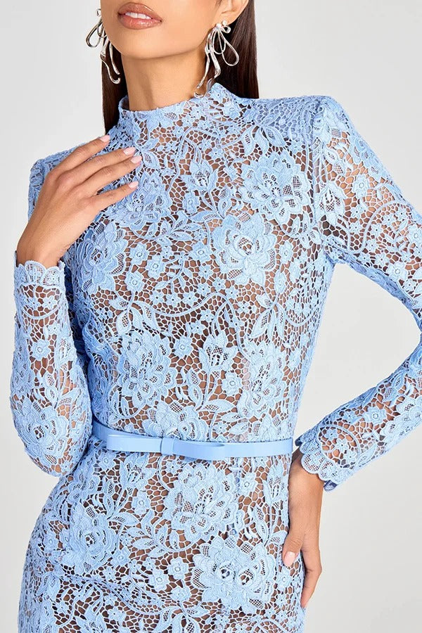 Feminine and Elegant Flower Lace Long Sleeve Bow Belted Flare Midi Dress