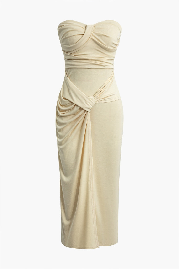 Einfarbiges, gerüschtes, trägerloses Midikleid 