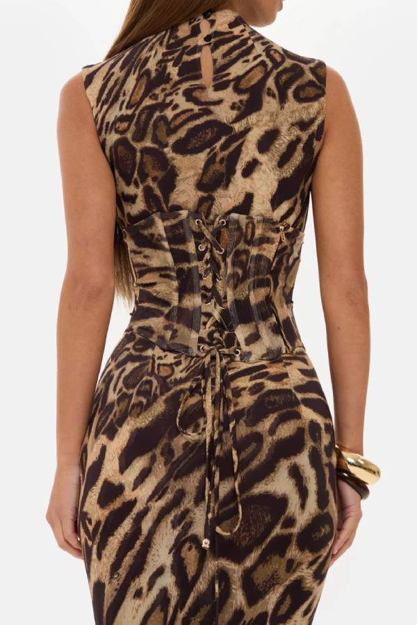 Leopard Print High-Neck Sleeveless Maxi Dress