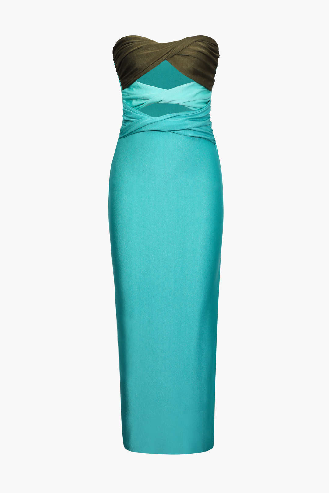 Robe midi contrastée à devant torsadé 