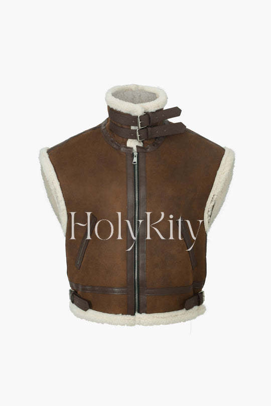 Gilet en daim avec bordure en fausse fourrure 