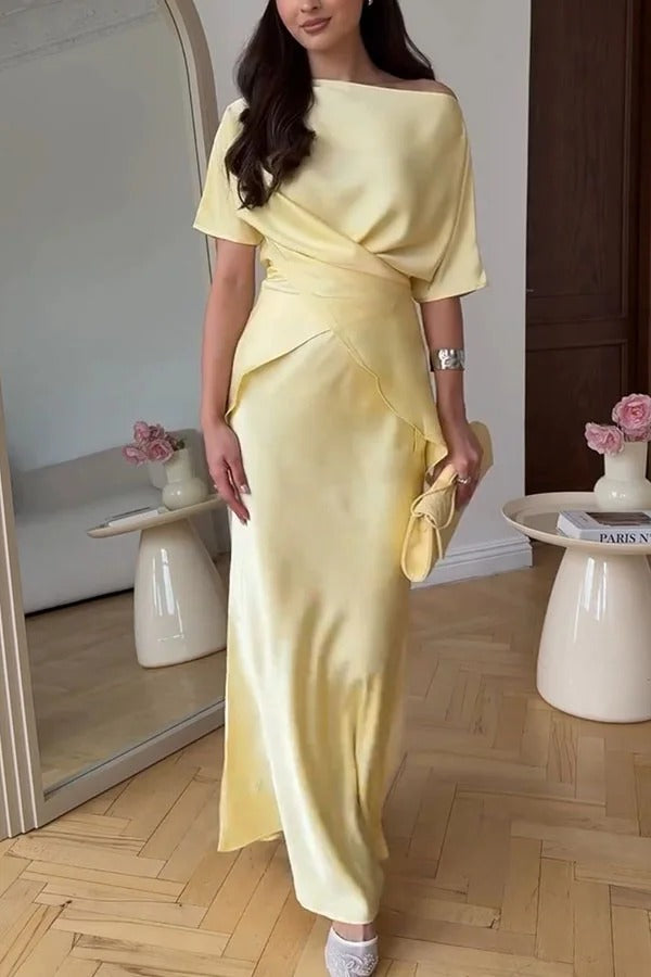 Secret of Elegance Satin Slit Back Lace-up Top and Elastic Waist Flare Maxi Skirt Set
