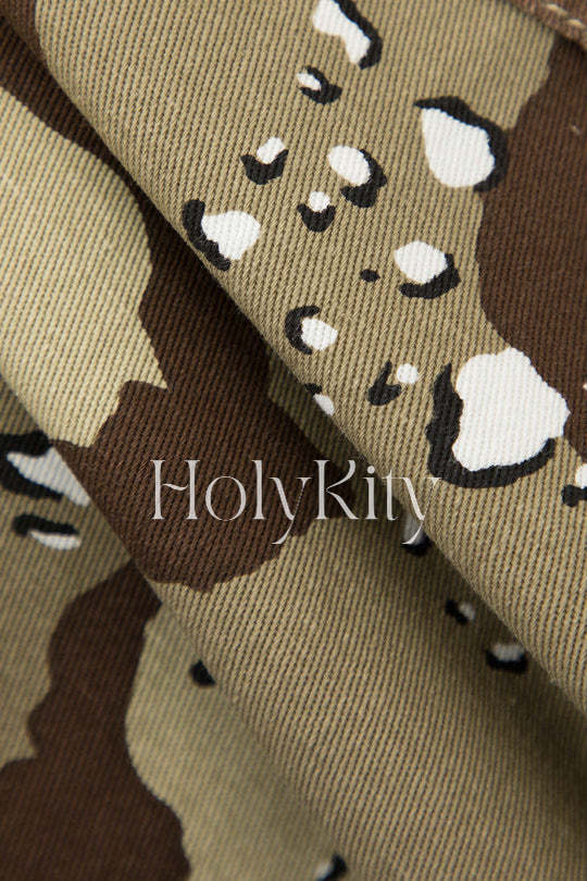 Camo Tie Waist Frayed Shorts