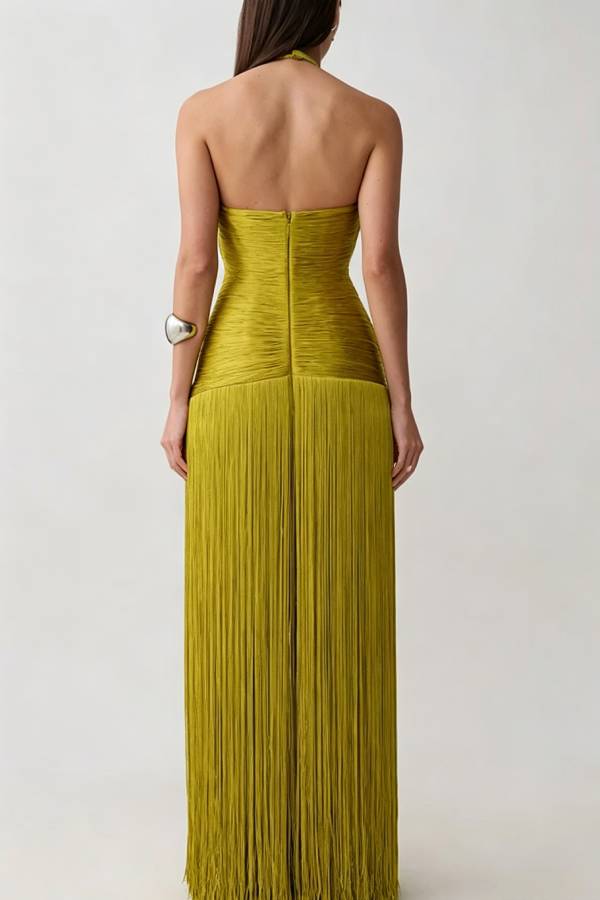Rhythmic Aesthetic Appeal Tassel Helter V-neck Sleeveless Drape Hem Maxi Dress