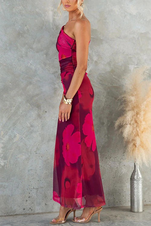 One Shoulder Floral Print Mesh Bodycon Maxi Dress