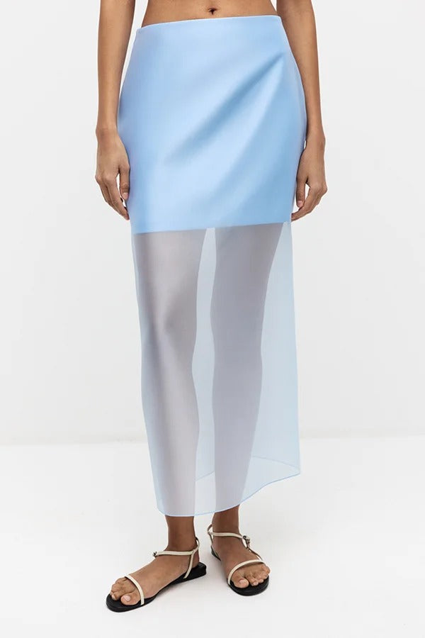 Simple and Light See-through Fabric Mid Rise Pencil Slit Midi Skirt