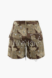 Camo Tie Waist Frayed Shorts