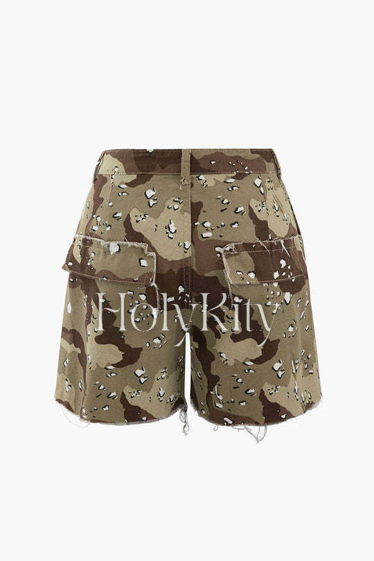 Camo Tie Waist Frayed Shorts