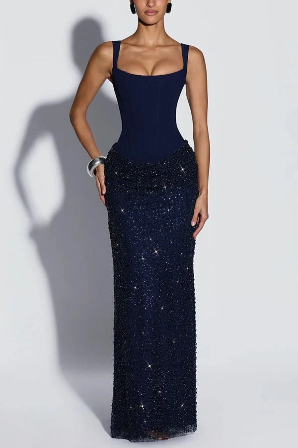 Yeona Square Neck Back Lace-up Sequin Embellished Drape Cowl Overlay Maxi Dress