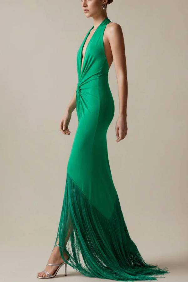 Elegant green deep-V-neck halter maxi dress with fringe