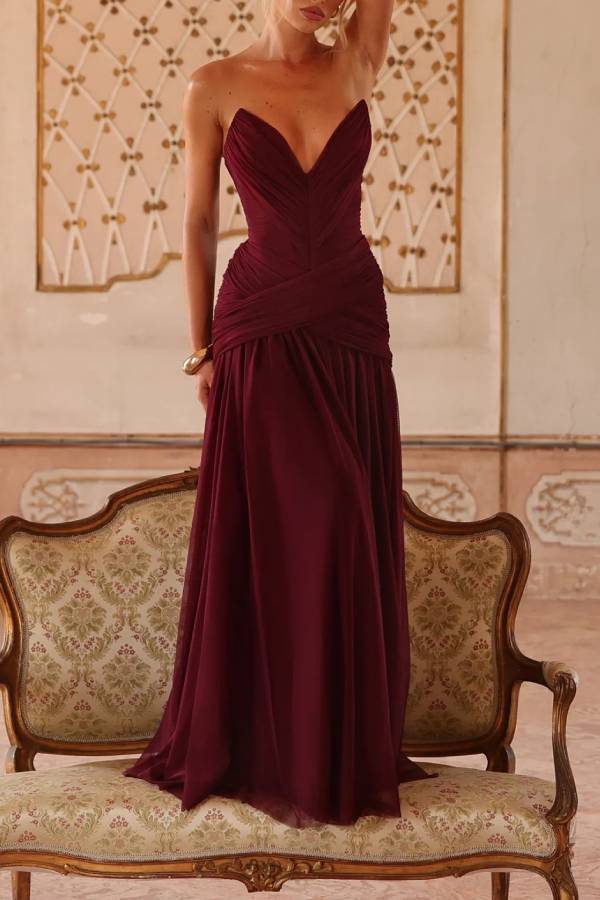 Persephara Pleated Tulle Sweetheart Neck Strapless Back Lace-up Maxi Dress