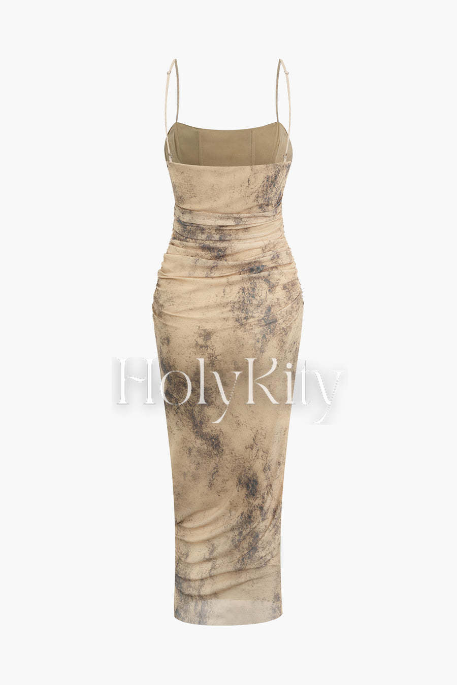 Abstract Print Ruched Mesh Cami Midi Dress