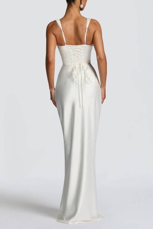 Satin Strap Mermaid Evening Gown with Lace‑Up Back