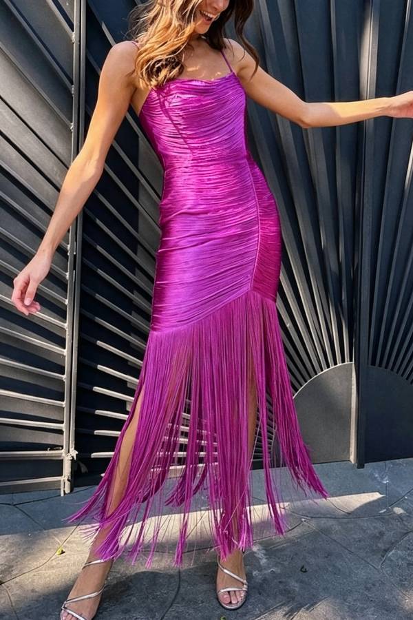 Cocktail Party Tassel Cowl Neck Sleeveless Drape Hem Slip Maxi Dress