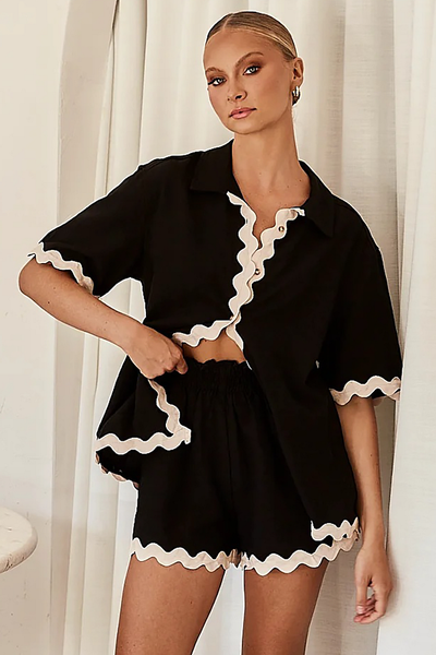 Colorblock Ripple Trim Short Sleeve Blouse Casual Shorts Matching Set