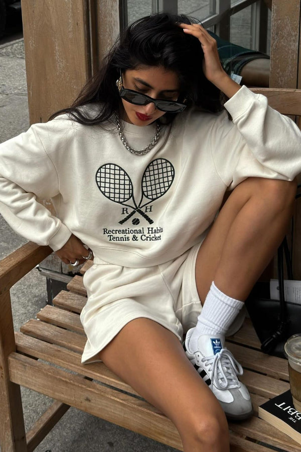 Vintage Casual Embroidered Sweatshirt And Sports High-waisted Shorts Set