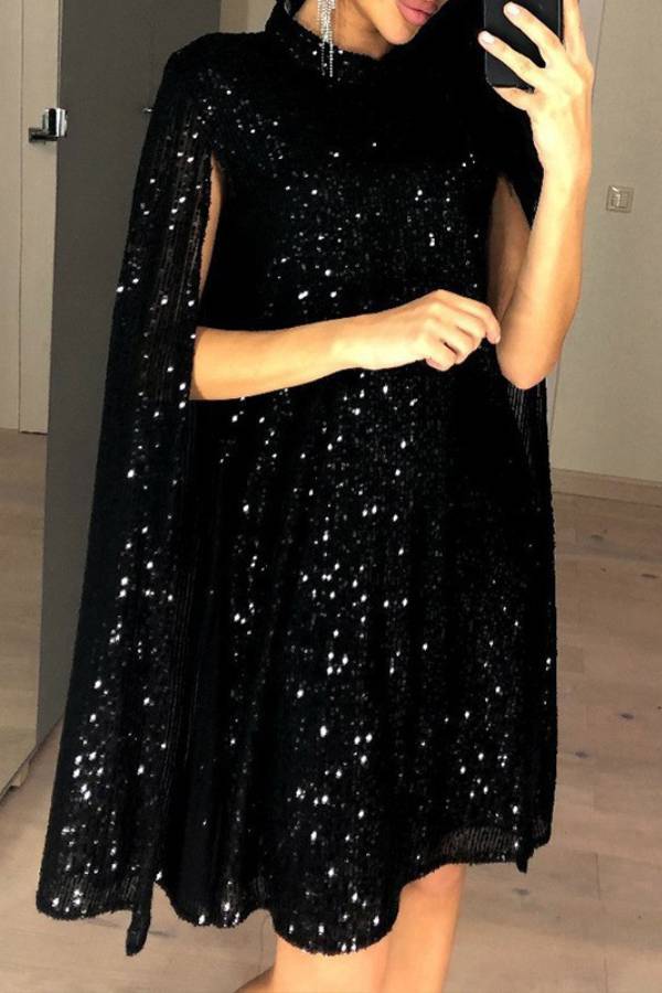 Sequined Cape Turtleneck Party Dress