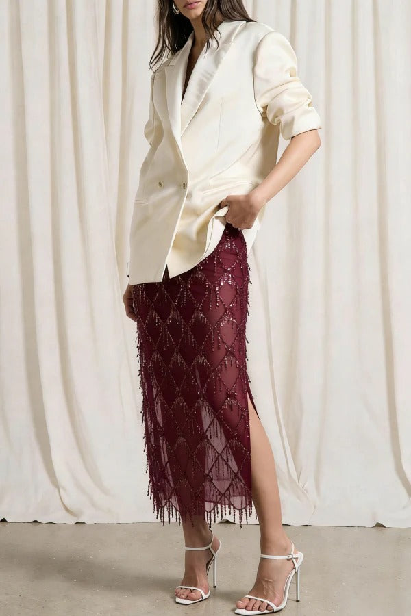 Fashionable Mesh See-through Sequined Tassel Midi Skirt