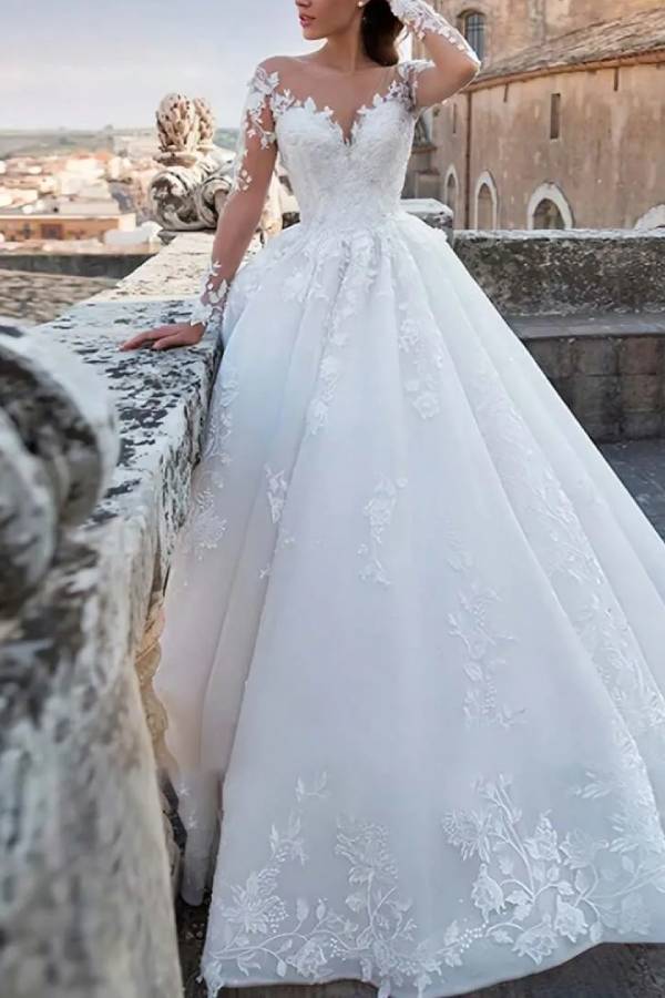 Long Sleeve Lace Applique Ball Gown Wedding Dress